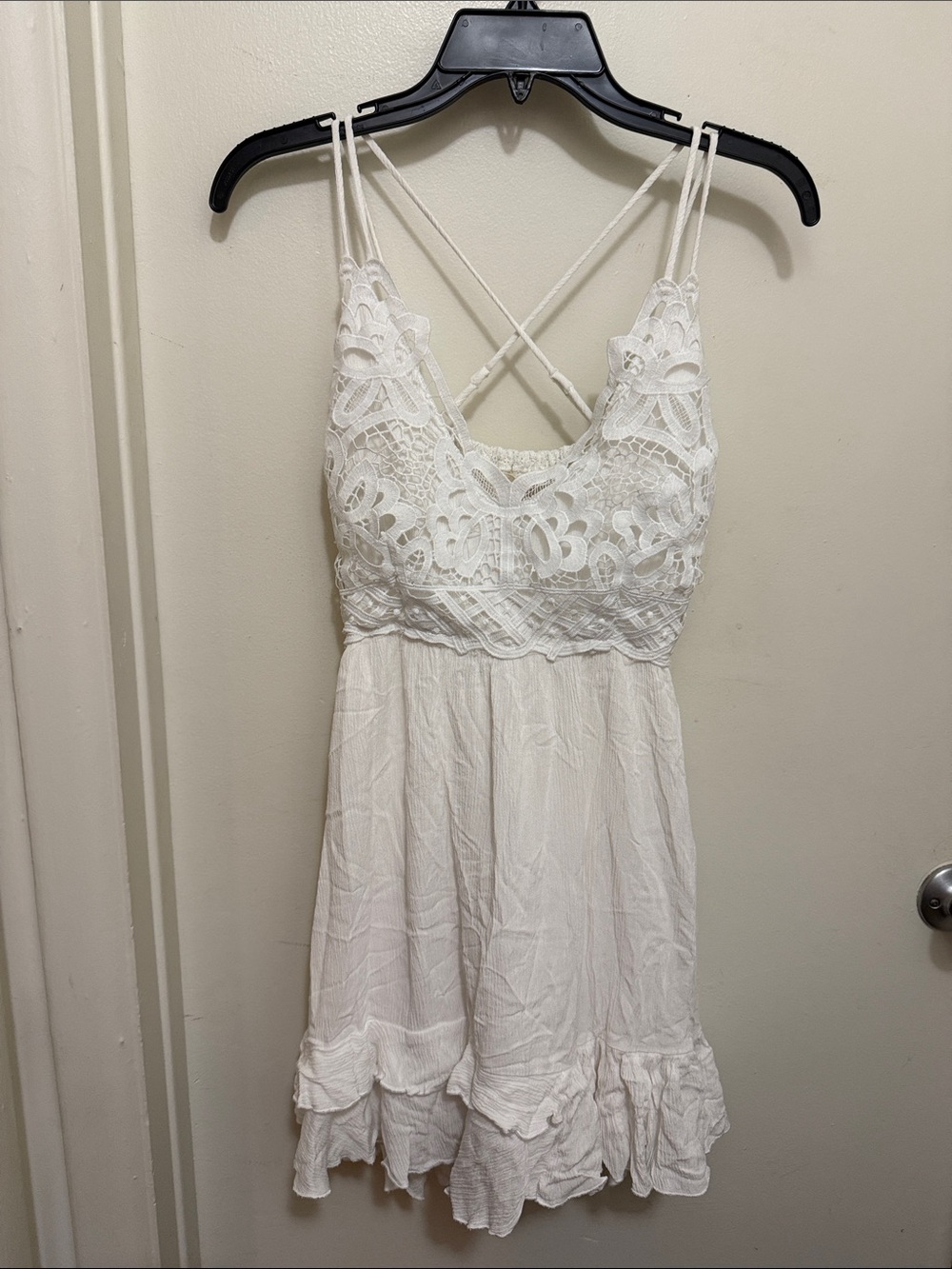 Lace Bodice Crisscross Strap White Mini Dress